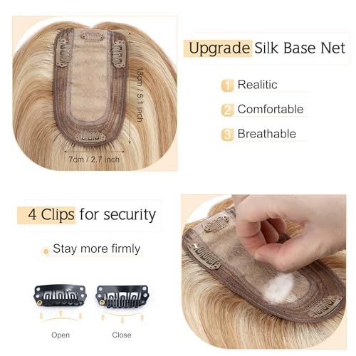 7*13CM Silk Base 100% Real Human Hair Clip in Top Wiglet Hair Pieces -8 Inch Medium Brown&Dark Blonde T12495