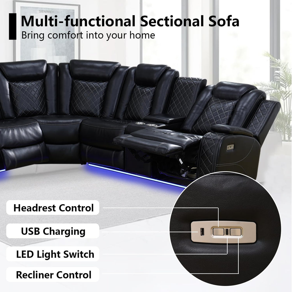 Black Leather Power Reclining Sectional Sofa R34195