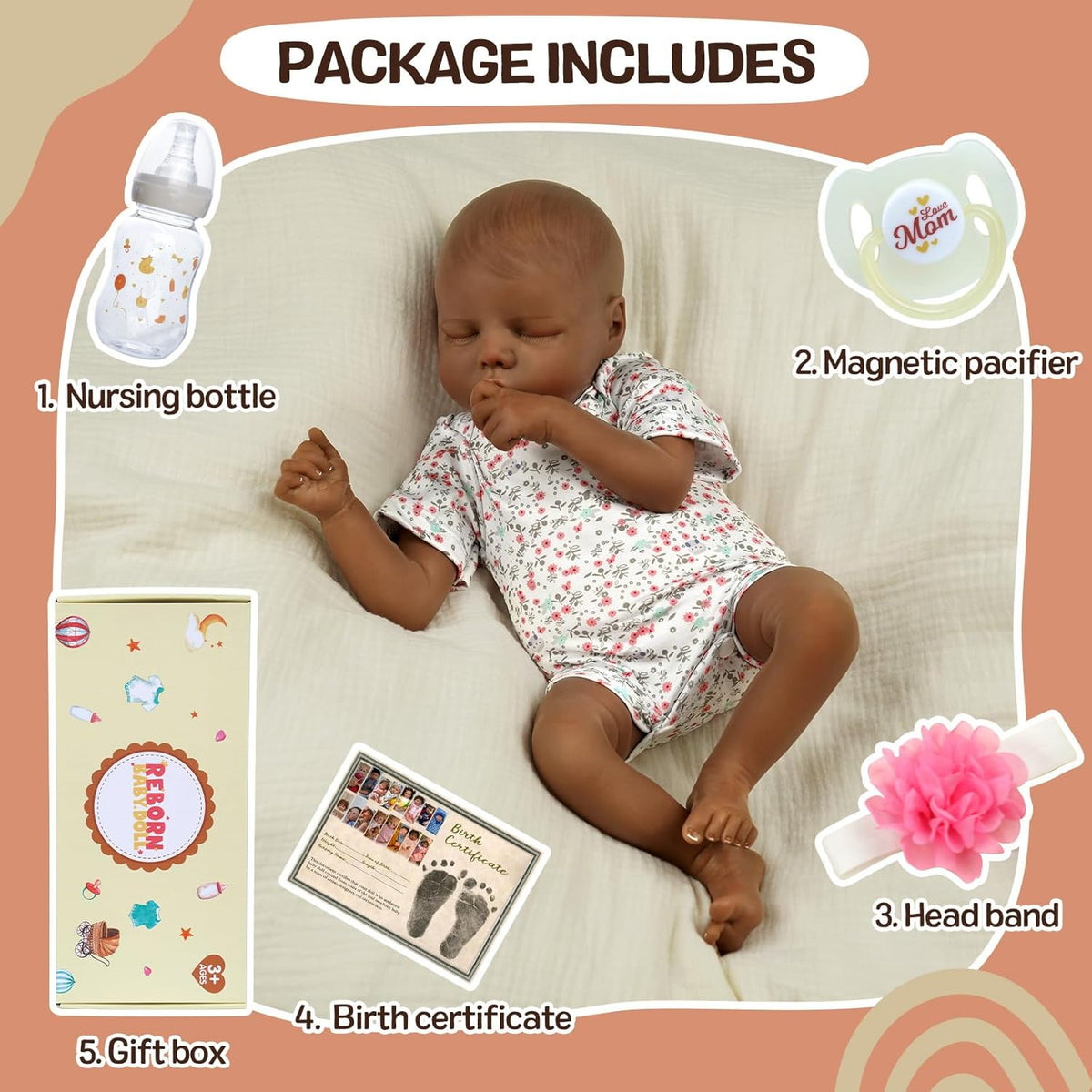 17-Inch Black Reborn Baby Dolls with Feeding Kit J4917