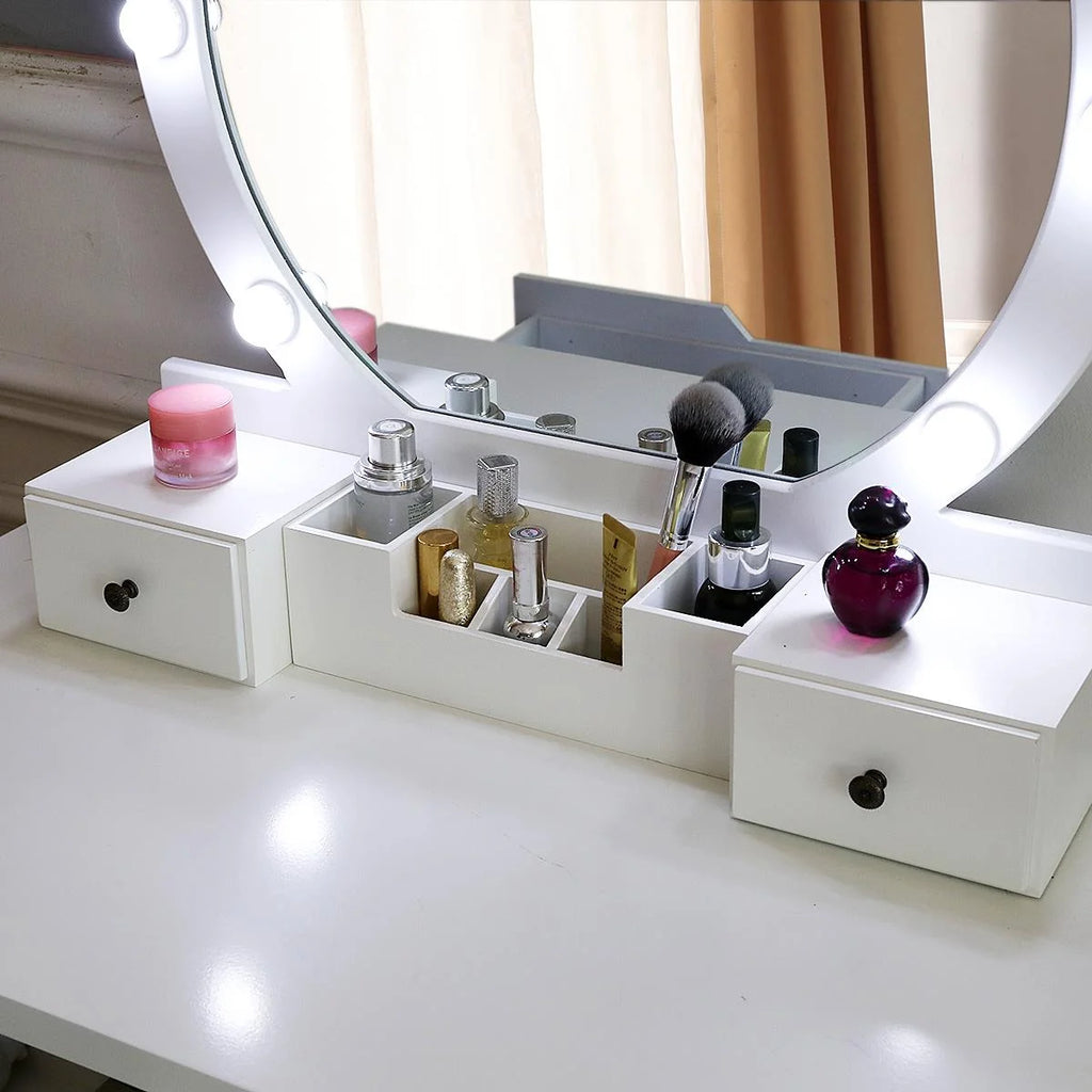 White Round Makeup Vanity Table with Lighted Mirror and Cushioned Stool B69179