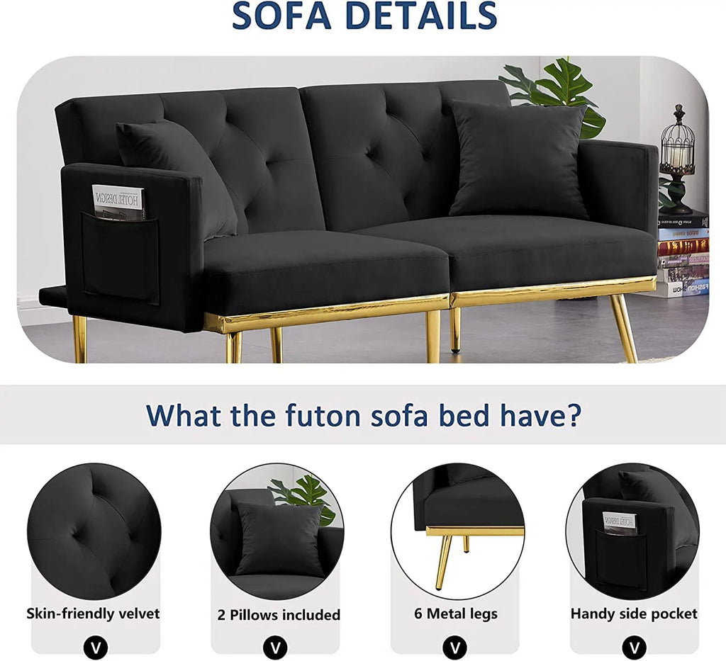 59" Convertible Velvet Sofa Bed with 2 Pillows & Side Pockets (Black) X72188