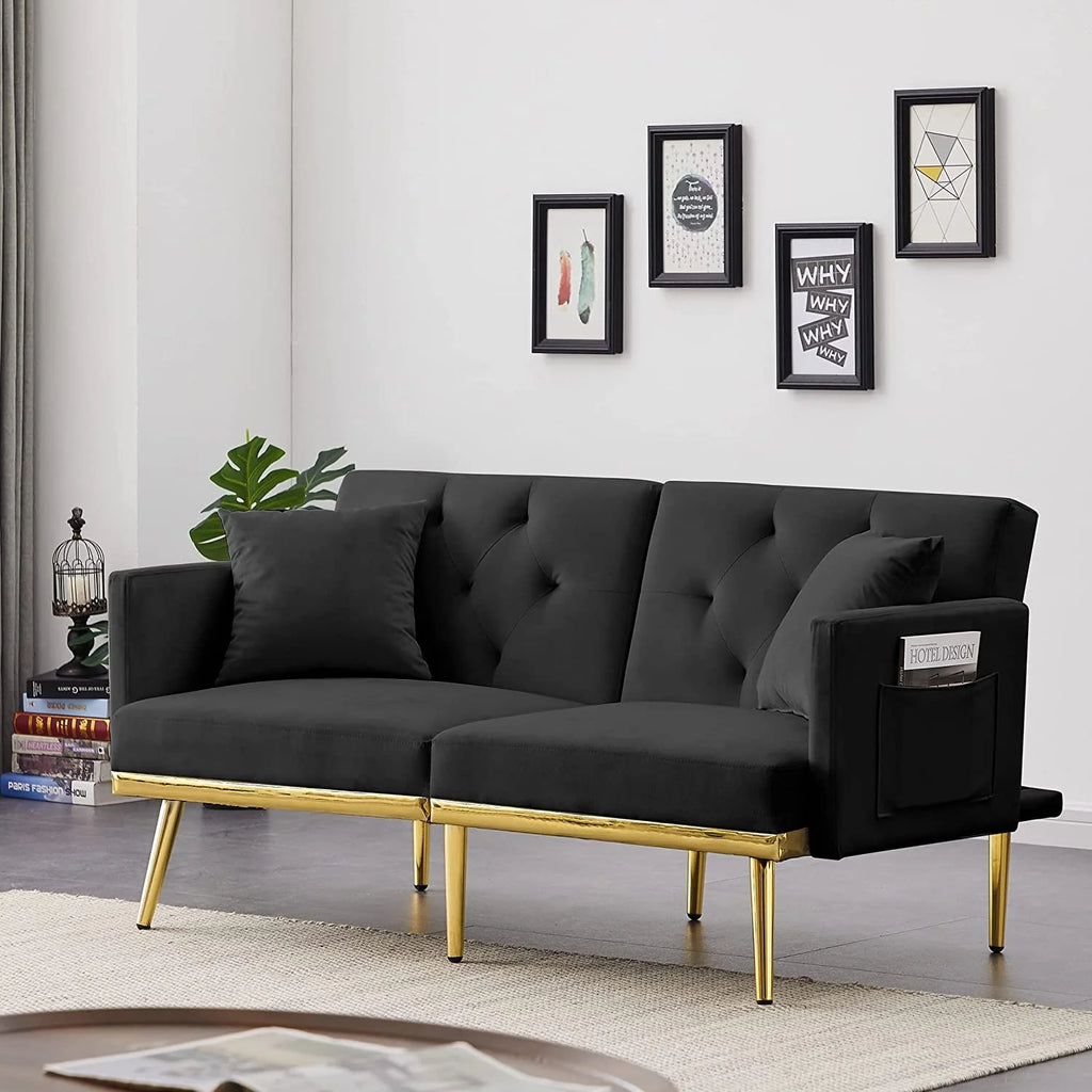 59" Convertible Velvet Sofa Bed with 2 Pillows & Side Pockets (Black) X72188