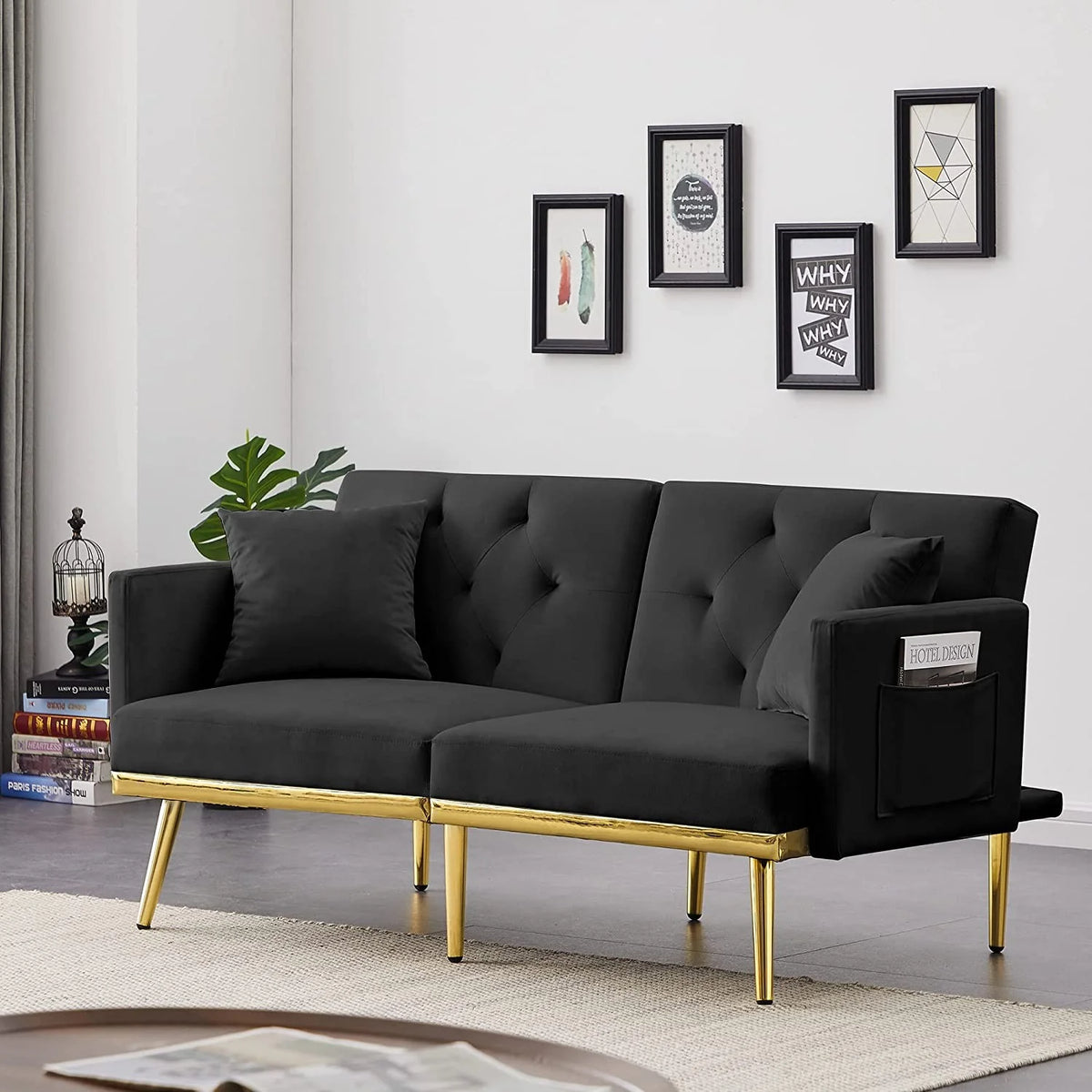 59" Convertible Velvet Sofa Bed with 2 Pillows & Side Pockets (Black) X72188