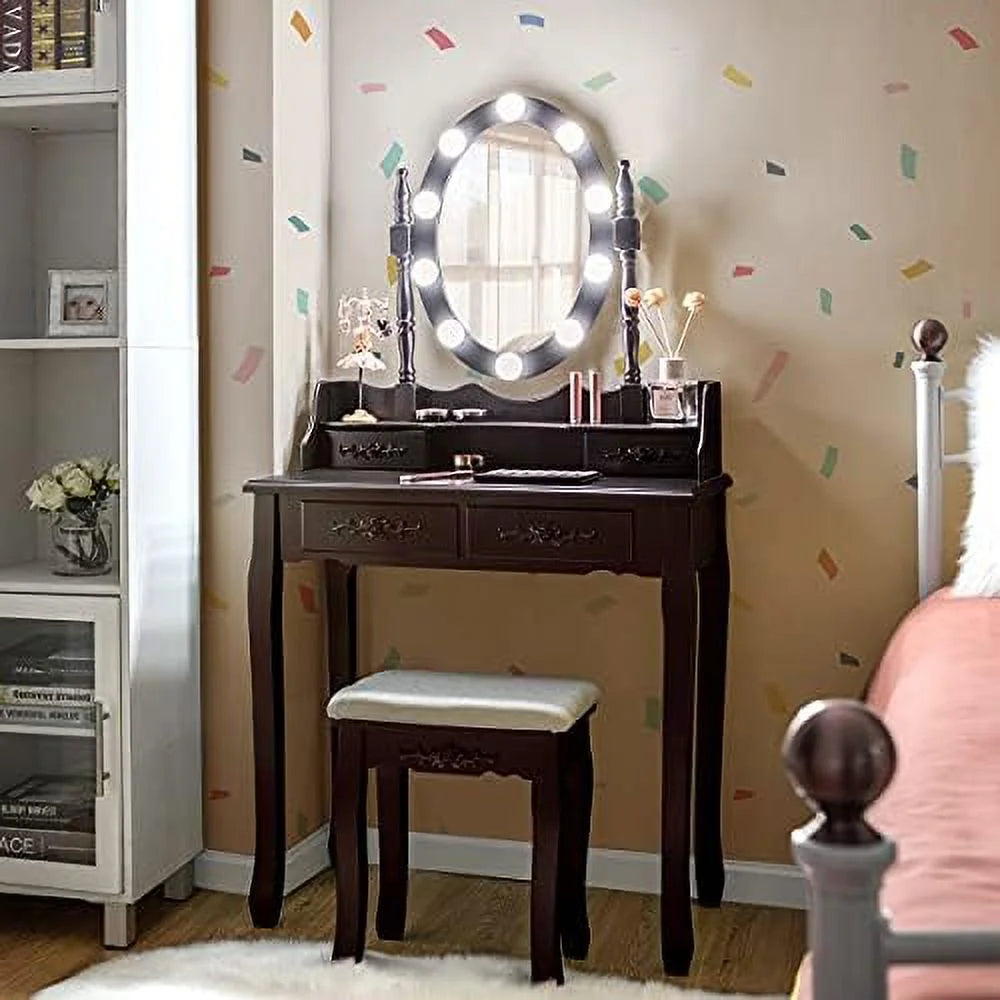 White Vanity Table Set with Lighted Mirror 4 Drawers Cushioned Stool M319225