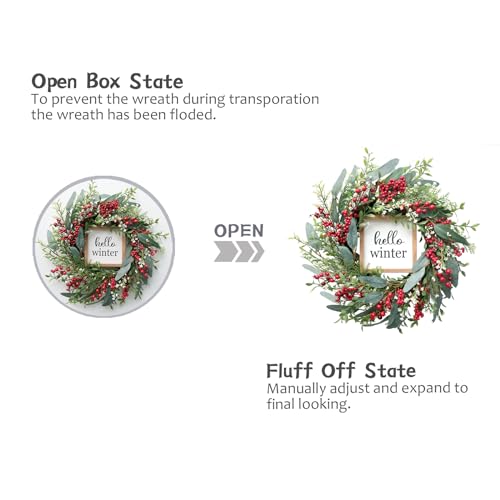 20’’ Red Berries Artificial Leaves Wreath with Hello Winter Sign F940