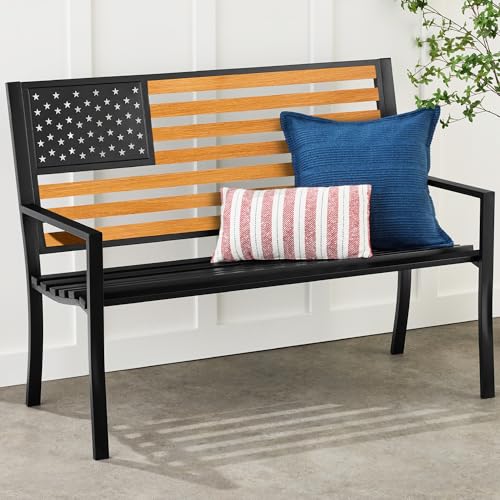 2-Person Steel Indoor/Outdoor Bench with American Flag, 790lb Capacity - Black A382140