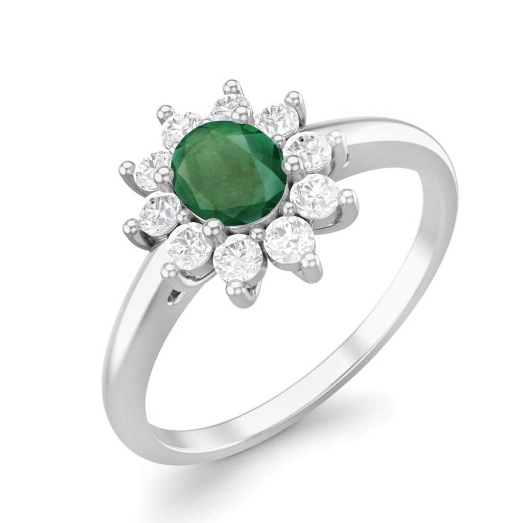 Oval Emerald 925 Sterling Silver Solitaire Halo Engagement Ring R1052
