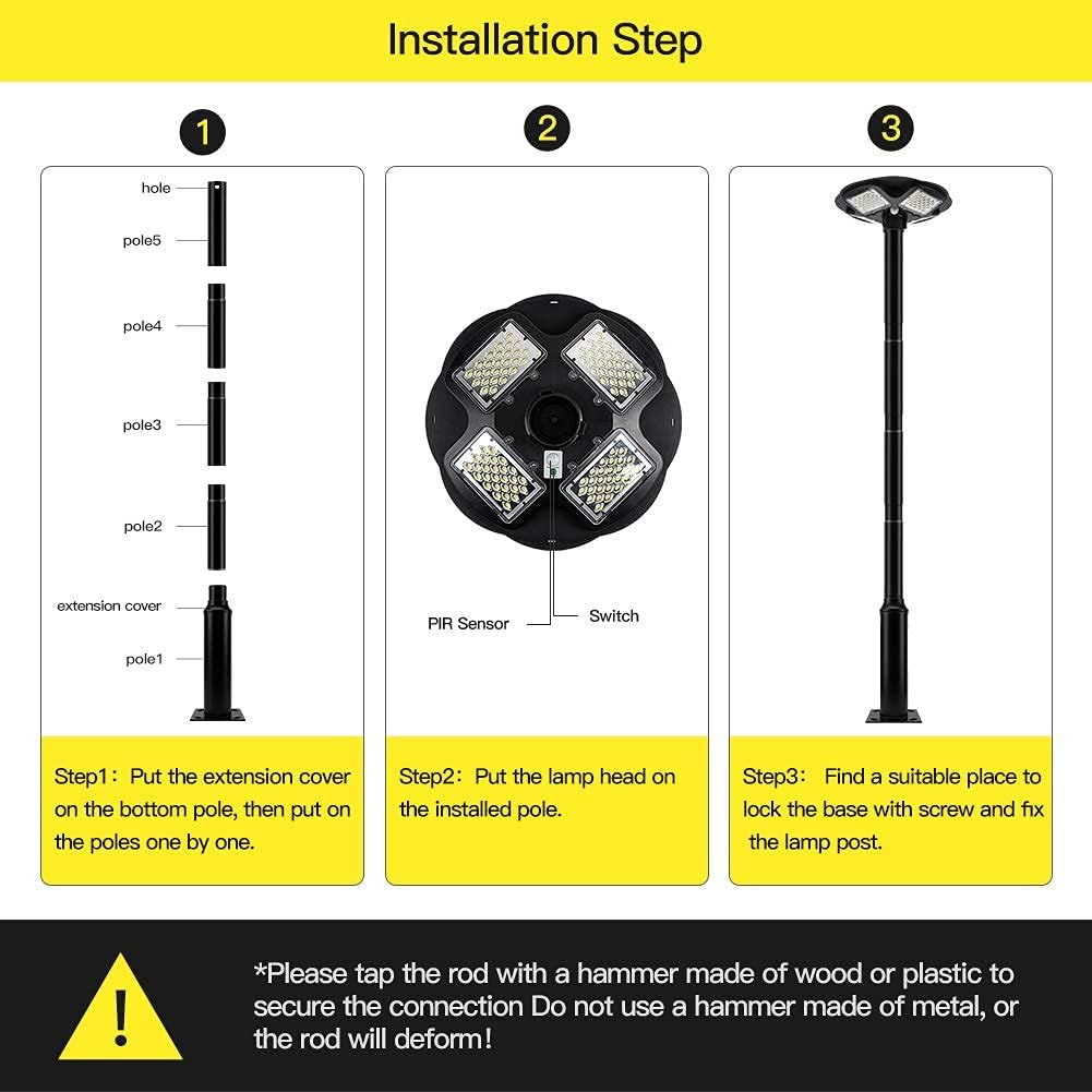 100W LED Solar Pole Light with 98 inch Pole IP65 Waterproof 6500K Auto Dusk to Dawn with Remote G44303
