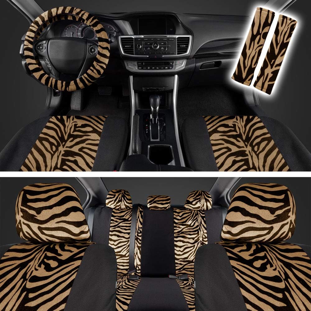 Zebra Print Car Seat Covers Full Set with Seat Belt Pads and Steering Wheel Cover W906655