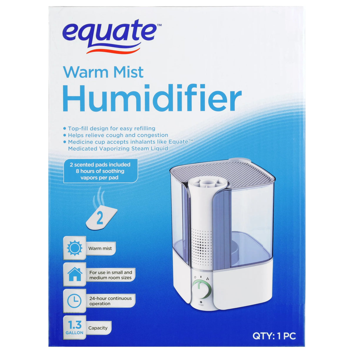 Warm Mist Humidifier, Filter Free, White & Blue, Top Fill, 1.3 Gallon X725918