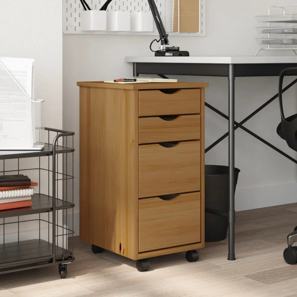 Honey Brown Solid Wood Pine Rolling Cabinet with Drawers U139018