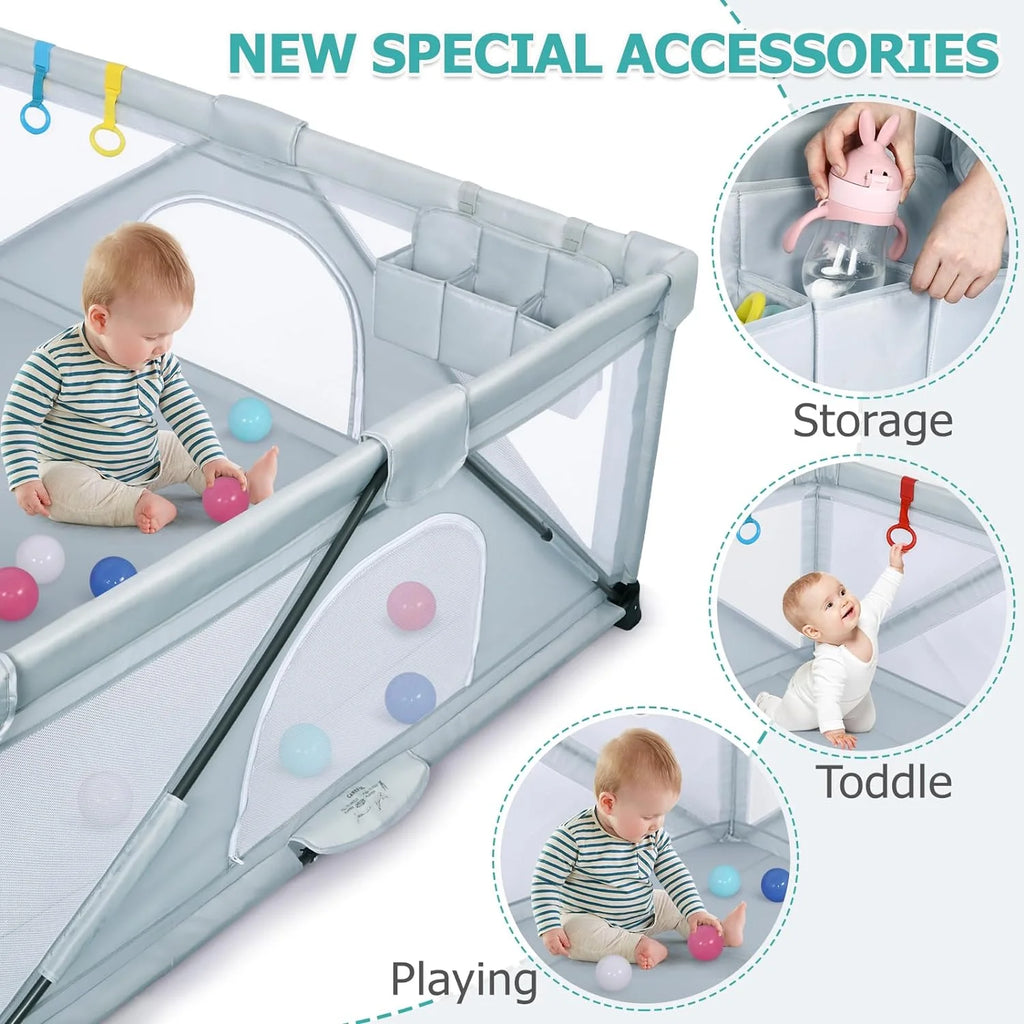 Foldable Large Play Pen with 2 Storage Bags 4 Handlers 50 Balls (71" × 59") T545