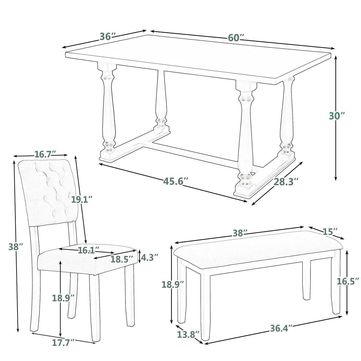 Rectangular Dining Table Set with Bench and 4 Upholstered Chairs X259752