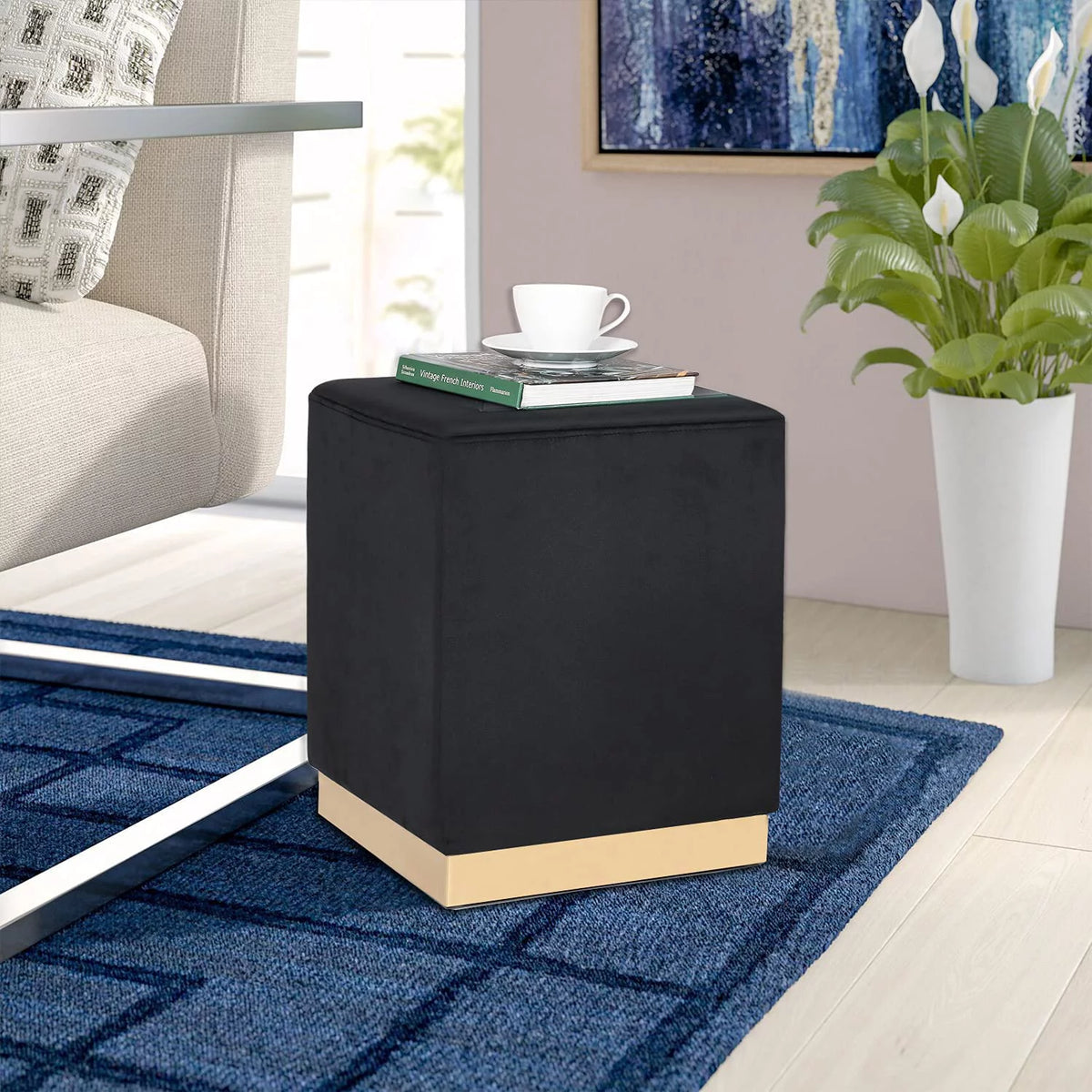 Black Velvet Square Ottoman Q7763