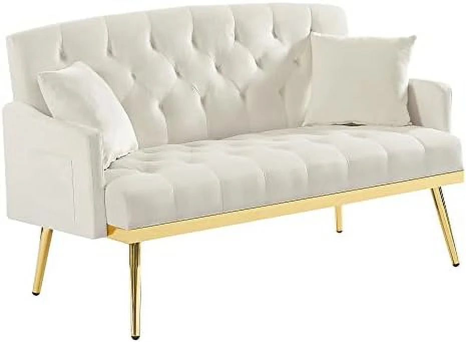 Beige Chenille Two-Seater Sofa with Metal Legs J458
