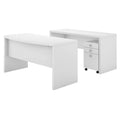Pure White Bow Front Desk and Credenza with Mobile File Cabinet R38954