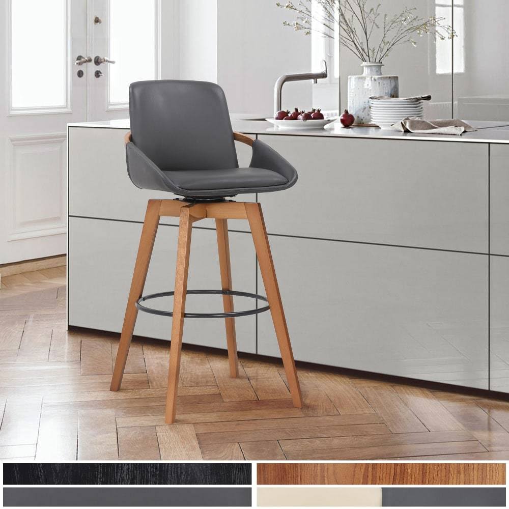 Cream Faux Leather Swivel Wood Bar Stool R5867