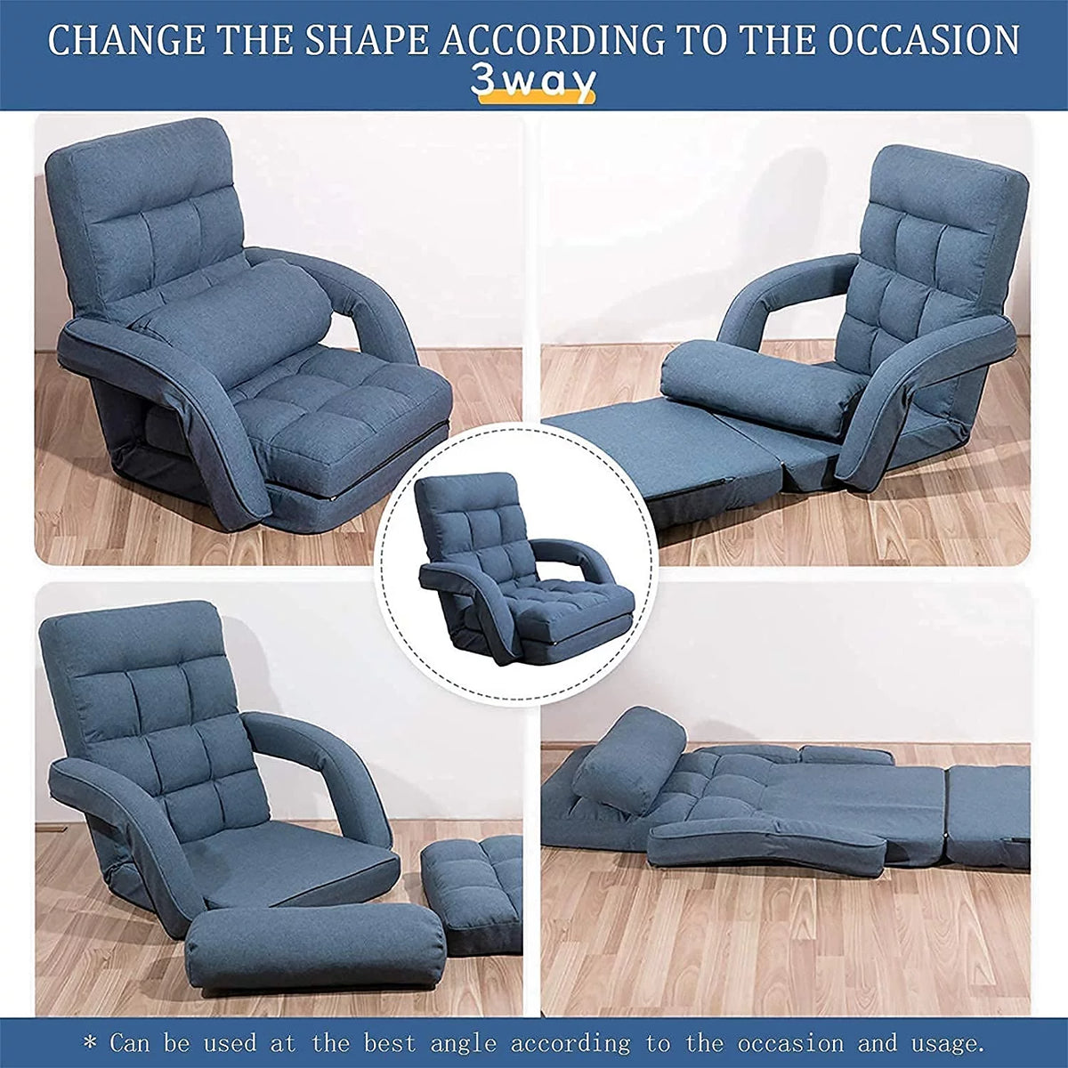 Adjustable Folding Floor Chair with Armrests and Pillow I1935