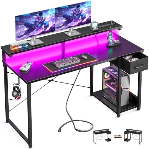 Black 48 Inch Gaming Desk with LED Lights, Power Outlet, Drawer, Monitor Shelf & Headphone Hook Z922355