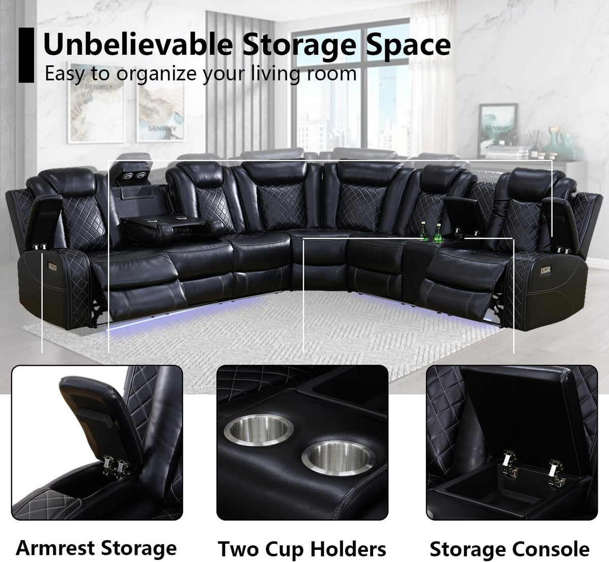 Black Leather Power Reclining Sectional Sofa R34195