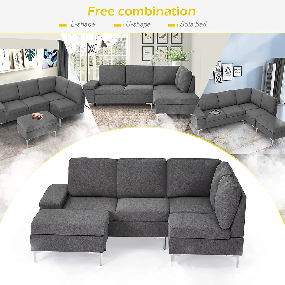 85.5" Right Facing Sectional Sofa with Ottoman in Gray E929