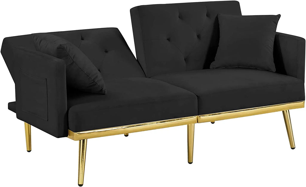 59" Convertible Velvet Sofa Bed with 2 Pillows & Side Pockets (Black) X72188