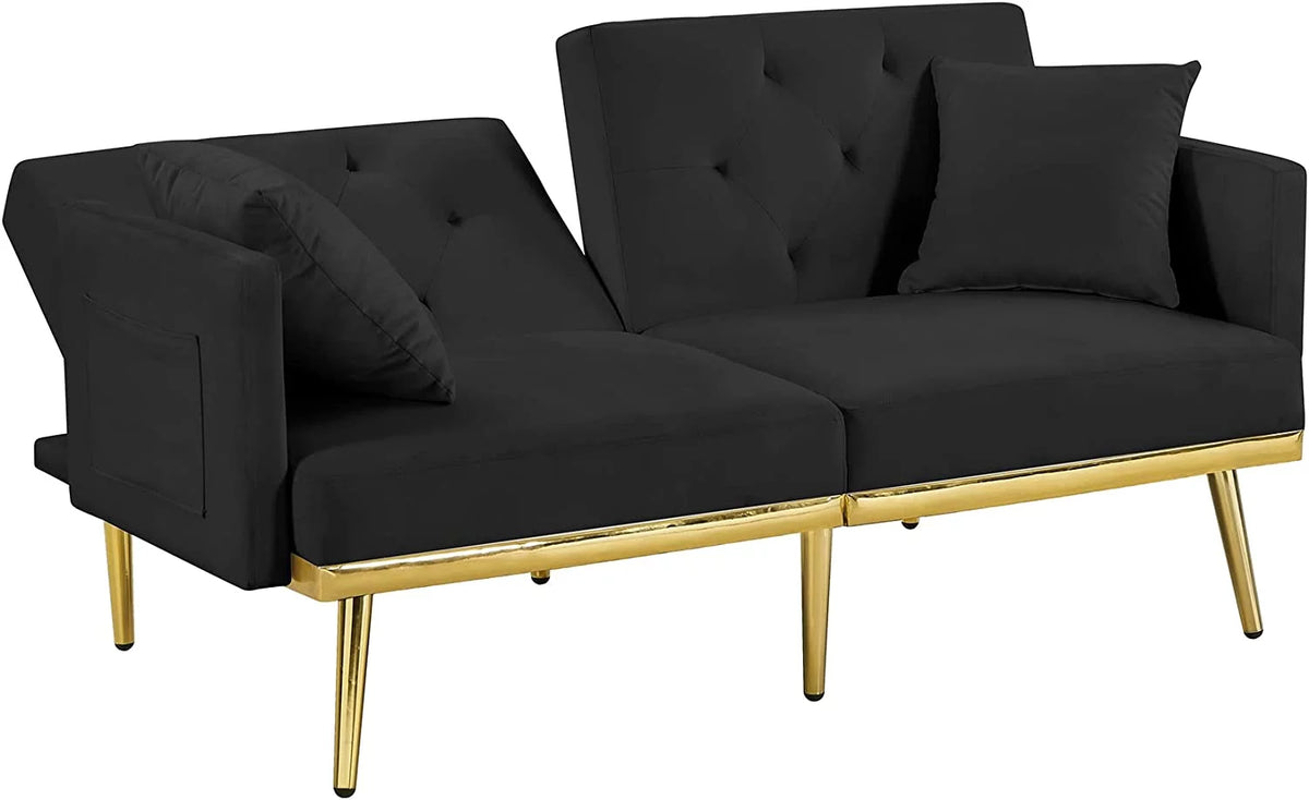 59" Convertible Velvet Sofa Bed with 2 Pillows & Side Pockets (Black) X72188