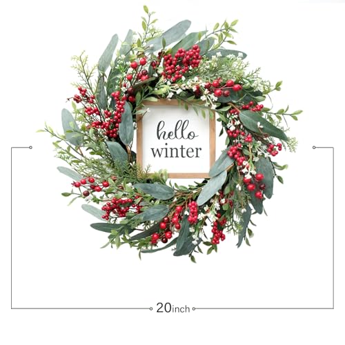 20’’ Red Berries Artificial Leaves Wreath with Hello Winter Sign F940