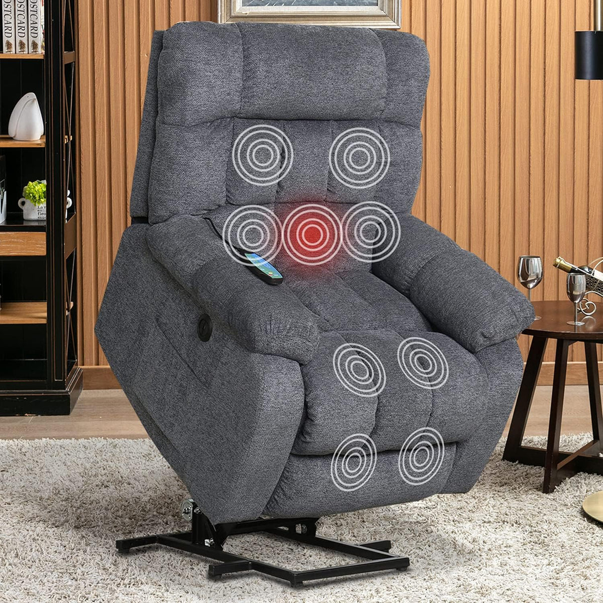 Power Lift Recliner Chair with Heat & Vibration Fabric Sofa Electric Lift Chair Gray Blue Y986396