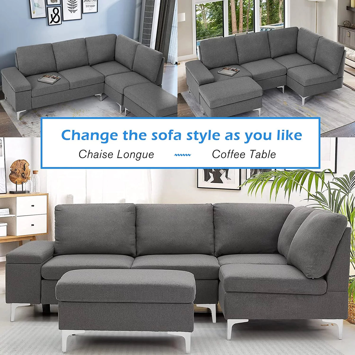 85.5" Right Facing Sectional Sofa with Ottoman in Gray E929