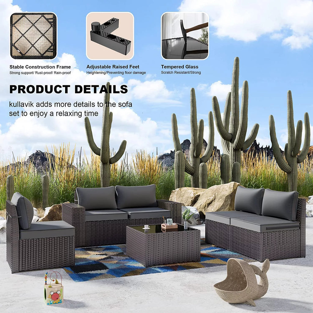 Brown 6 Pieces PE Rattan Wicker Sectional Sofa Set with Navy Blue Cushions and Tempered Glass Table V229191