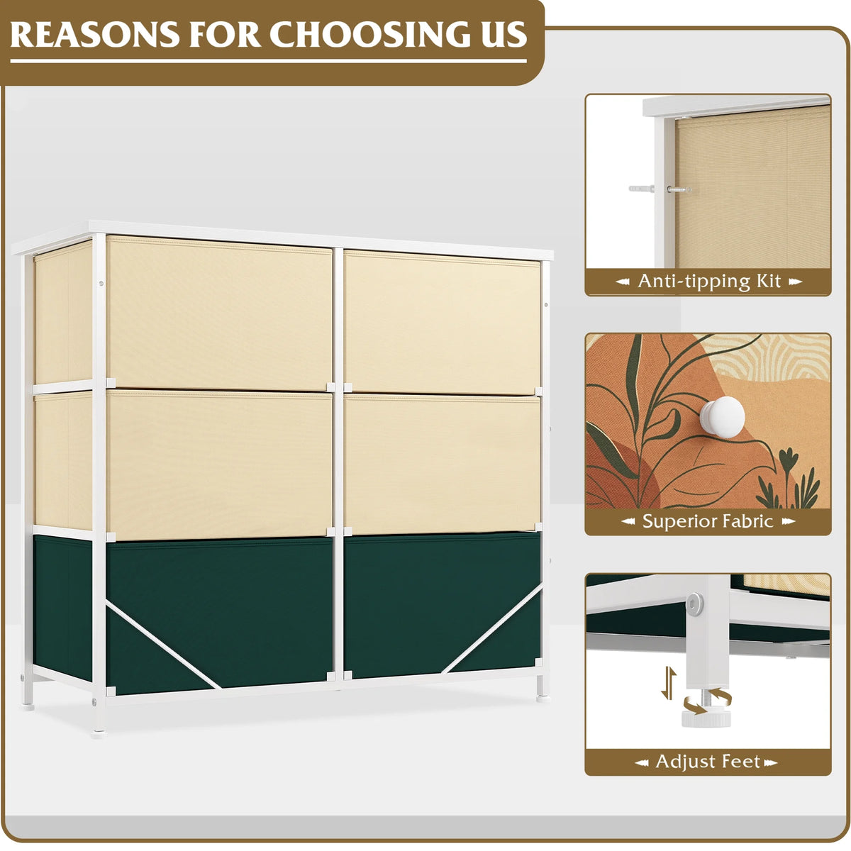 9 Drawer Dresser with Fabric Drawers & Wooden Top O36002