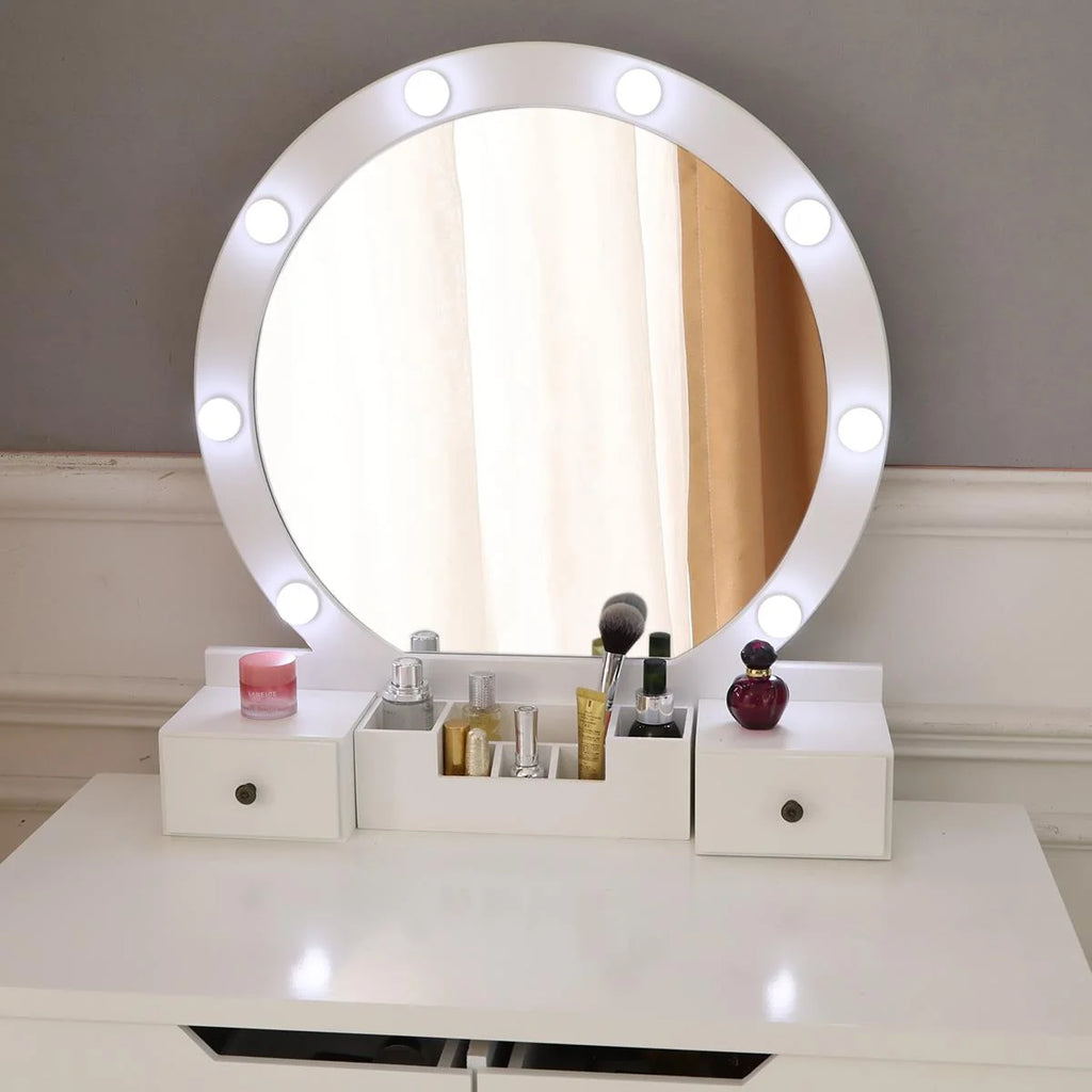White Round Makeup Vanity Table with Lighted Mirror and Cushioned Stool B69179