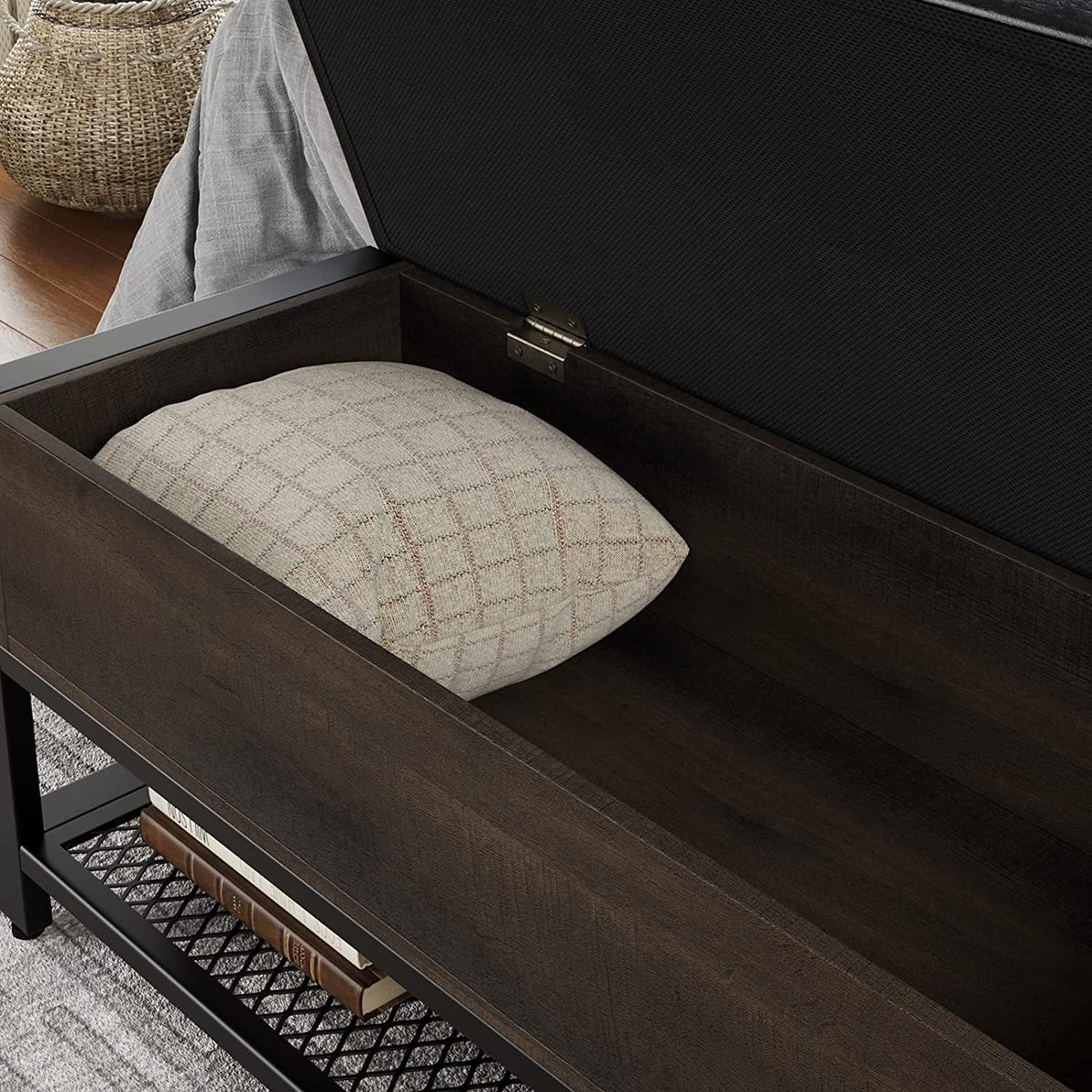 Industrial Storage Bench Flip Top Shoe Bench with Leather Padded Seat Y84371