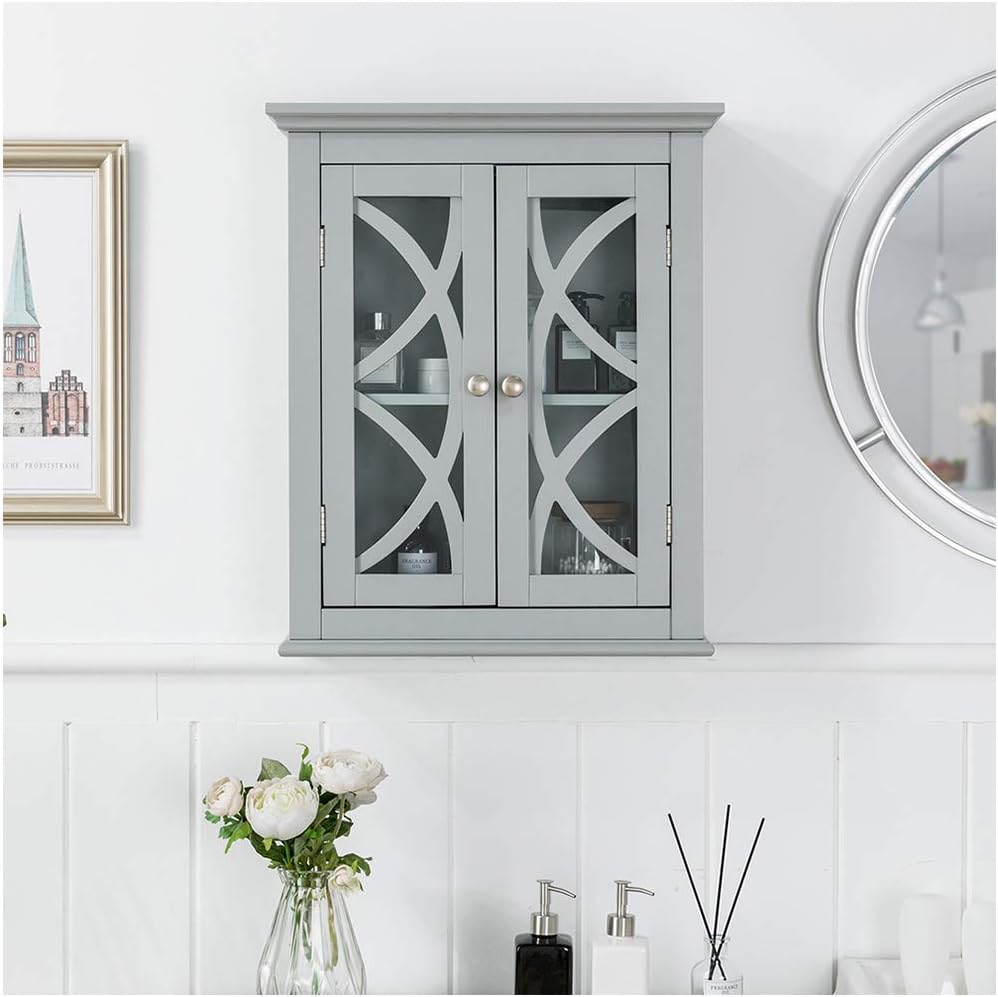 32.5 Inch Grey Wooden Storage Cabinet with Double Doors and Drawer Y481