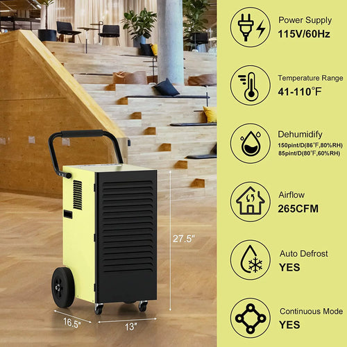 150 Pints Commercial Dehumidifier with Drain Hose and Water Tank O9030