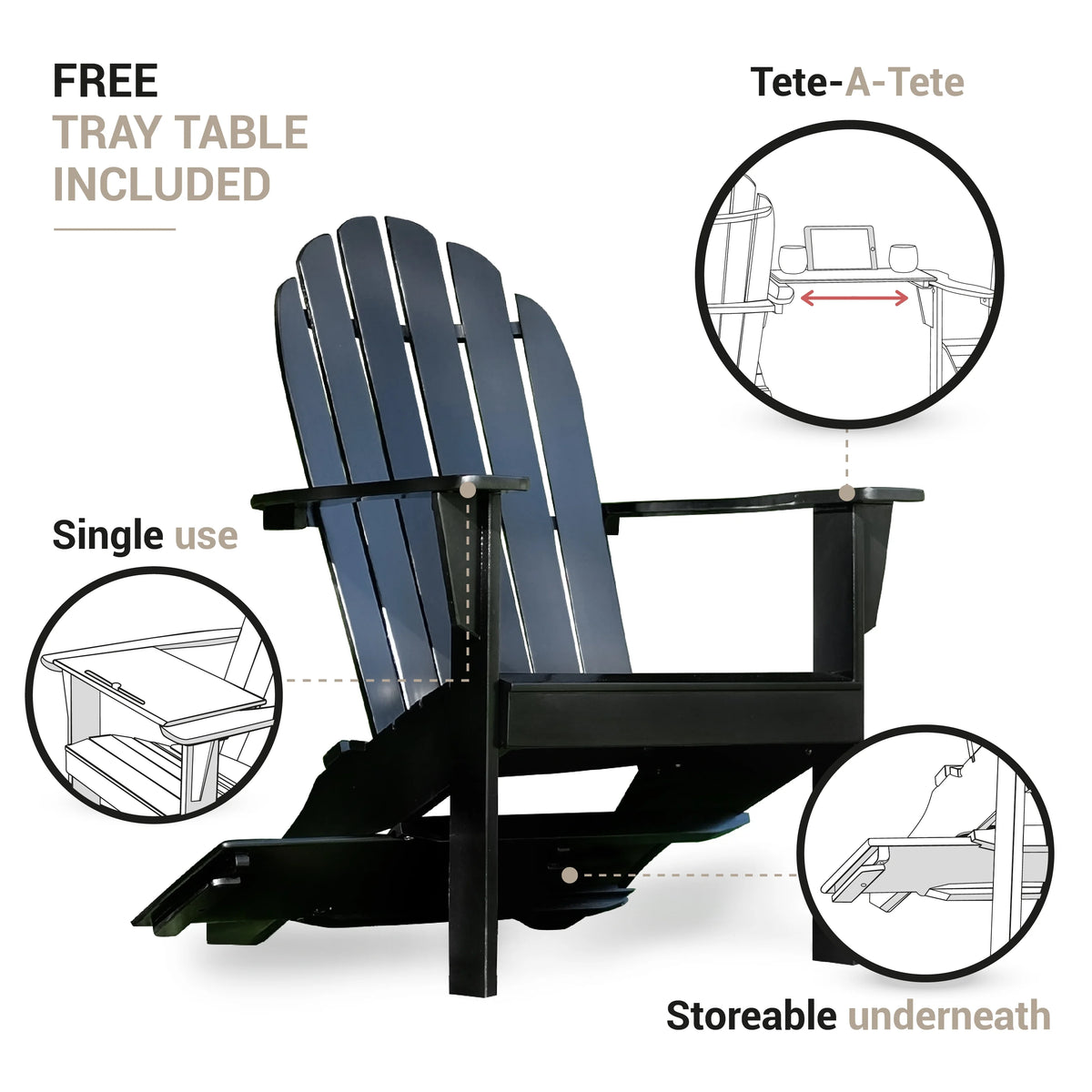 White Solid Wood Adirondack Chair with Tray Table S549