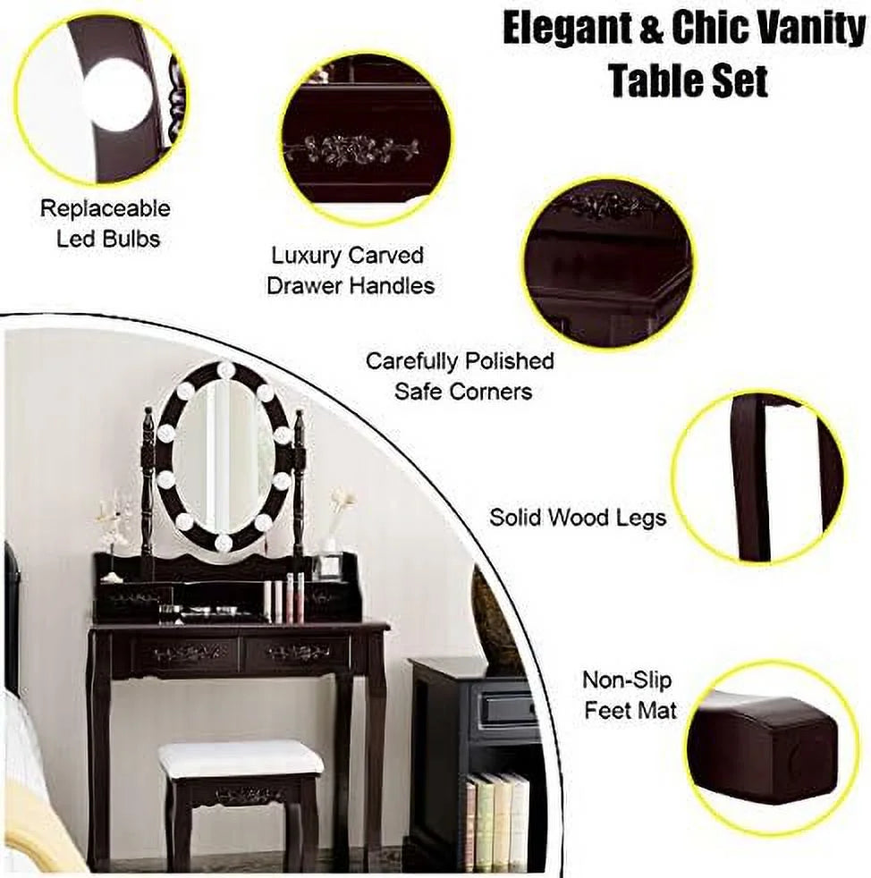White Vanity Table Set with Lighted Mirror 4 Drawers Cushioned Stool M319225
