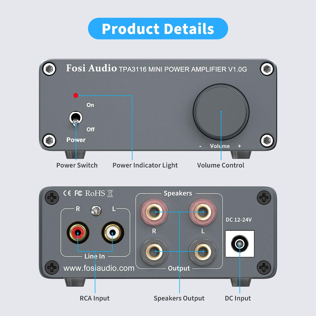 100W Power Amplifier with 8 Banana Plugs Mini Stereo 2 Channel Class D Digital Amp with Power Adapter B8367
