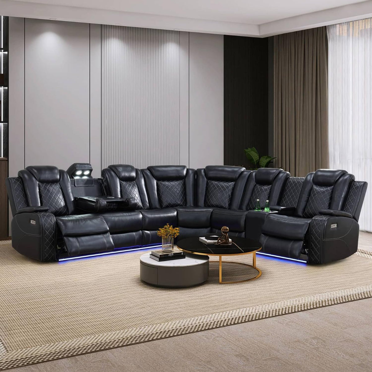 Black Leather Power Reclining Sectional Sofa R34195
