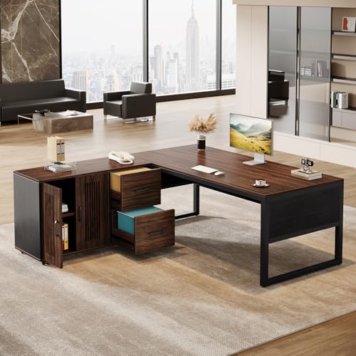63-Inch L-Shaped Executive Desk with Mobile File Cabinet, Drawers and Storage Shelves, Dark Walnut & Black T3854