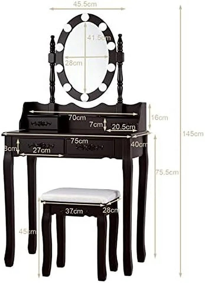 White Vanity Table Set with Lighted Mirror 4 Drawers Cushioned Stool M319225