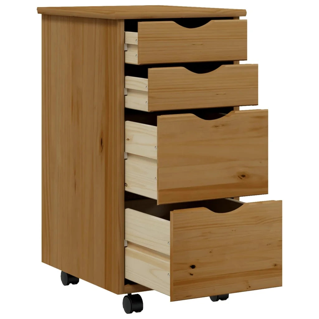 Honey Brown Solid Wood Pine Rolling Cabinet with Drawers U139018