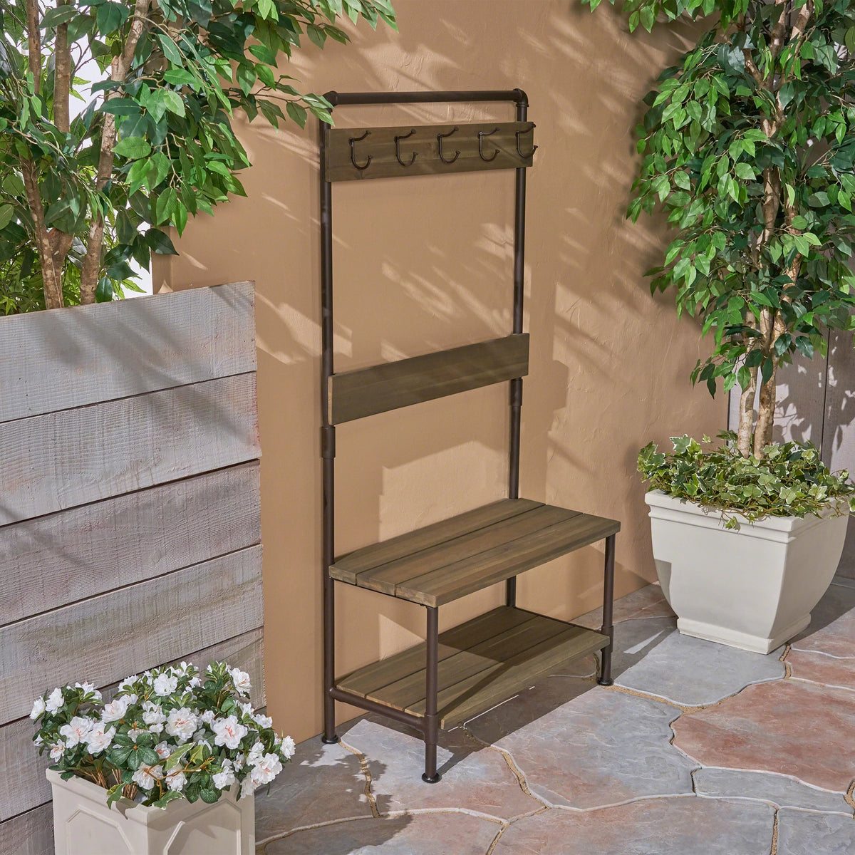 Acacia Wood Storage Bench and Coat Rack G55082