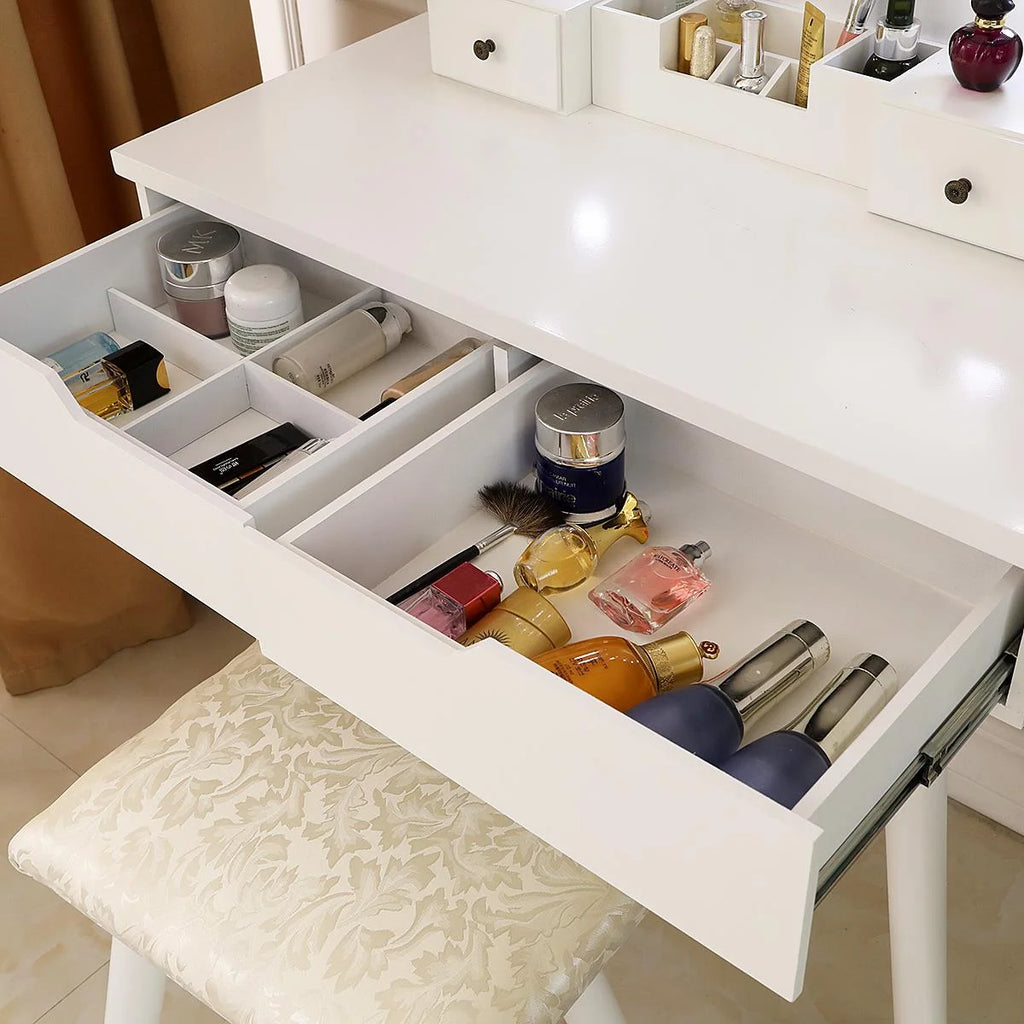 White Round Makeup Vanity Table with Lighted Mirror and Cushioned Stool B69179