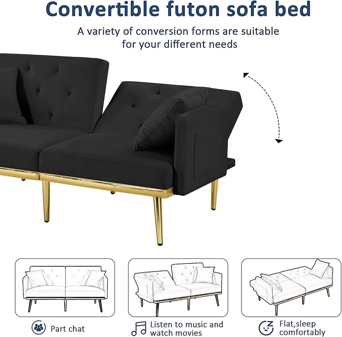59" Convertible Velvet Sofa Bed with 2 Pillows & Side Pockets (Black) X72188