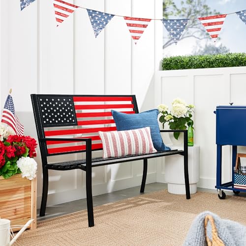 2-Person Steel Indoor/Outdoor Bench with American Flag, 790lb Capacity - Black A382140