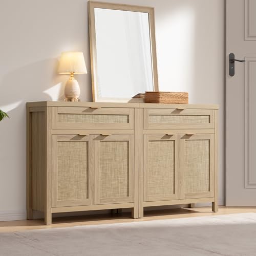 Rattan Storage Cabinet Set of 2 with Doors and Drawer Q6244