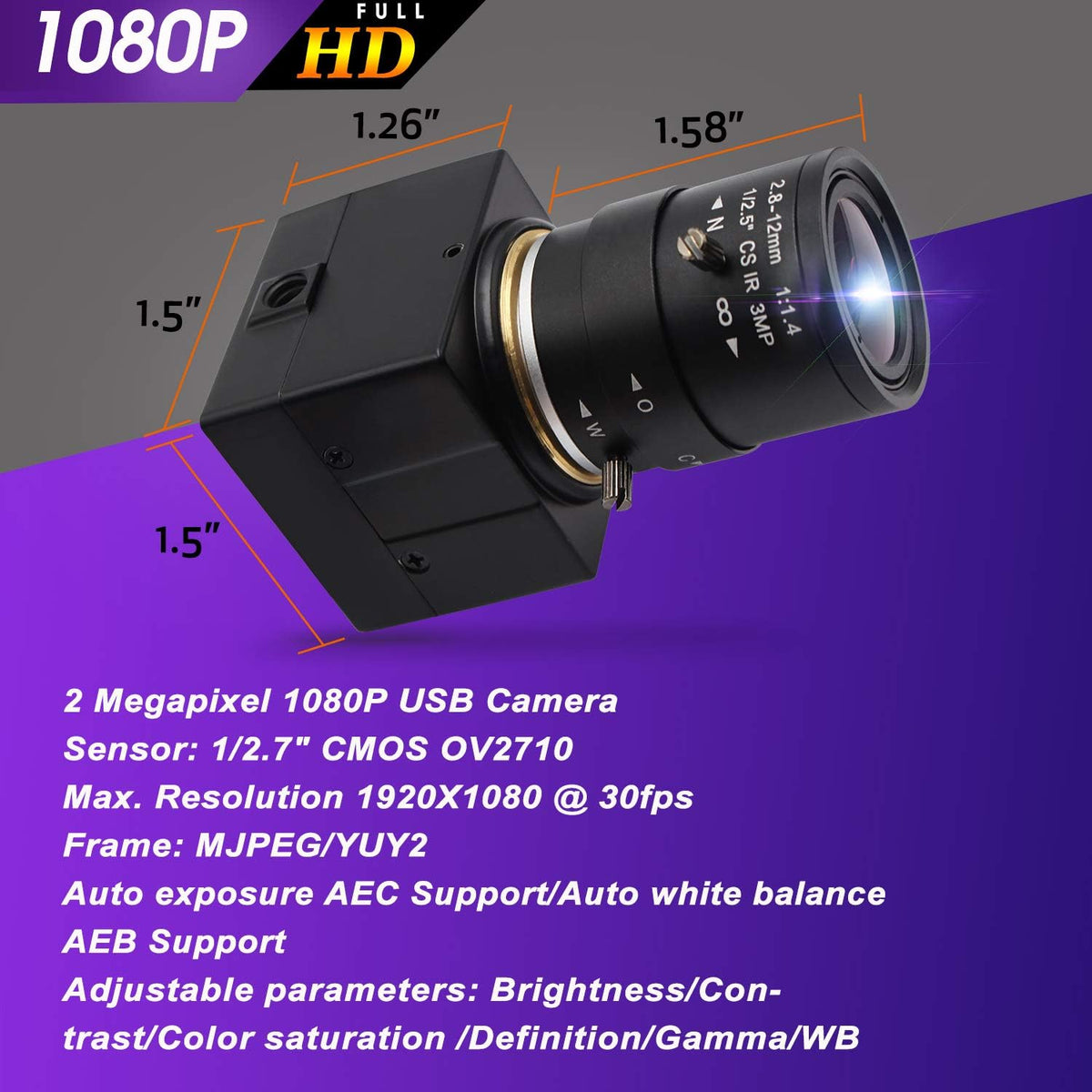 2.8-12mm Varifocal Lens USB Camera 1080P CS Mount 2MP Web Camera Pack of 2 R28532