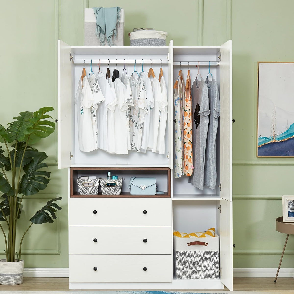 Wooden White 3-Door Armoire Wardrobe Closet with Hanging Rod I842097